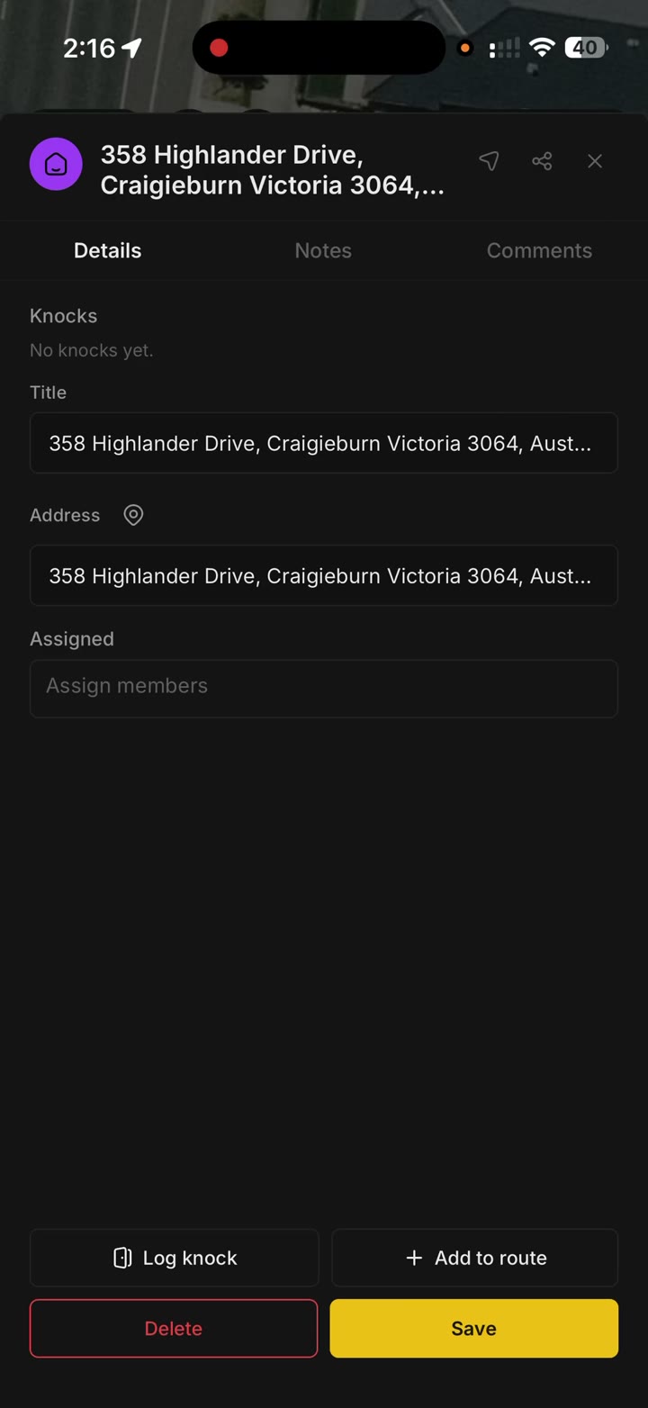 House details with the title, address, Log knock, and Add to route