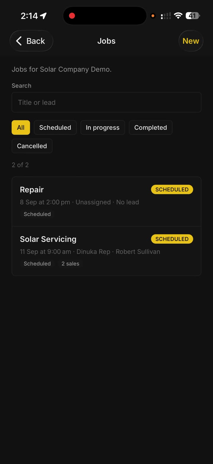 Jobs list with a repair and a solar servicing visit
