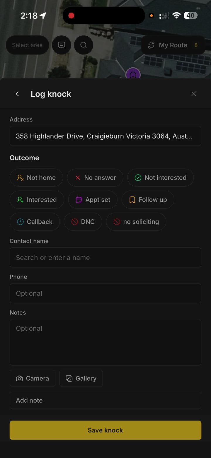 Log knock with outcomes, a name, a phone number, and a photo
