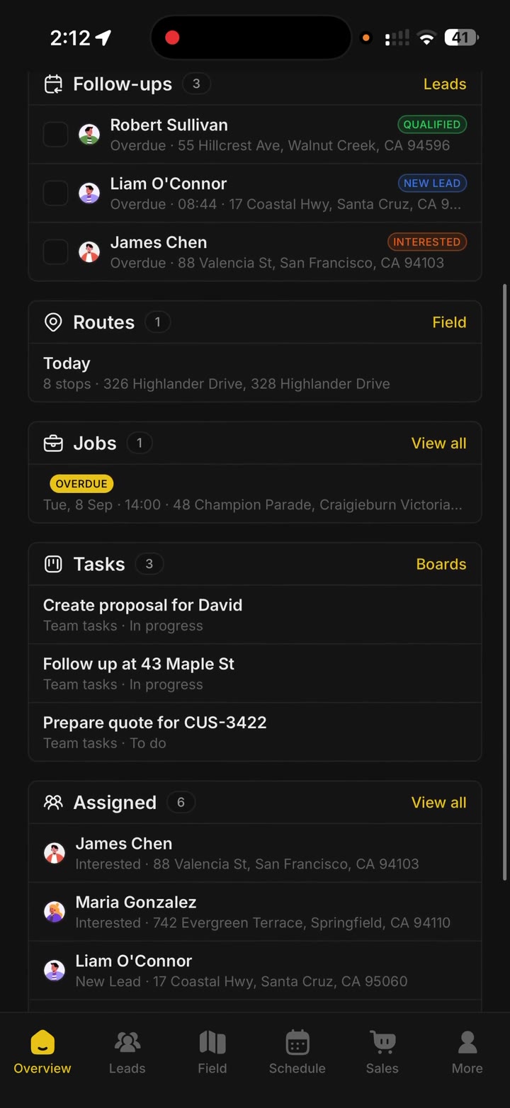 Overview tab with follow-ups, a route, jobs, and tasks
