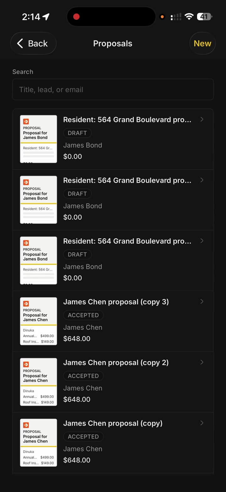 Proposals list with drafts and accepted quotes