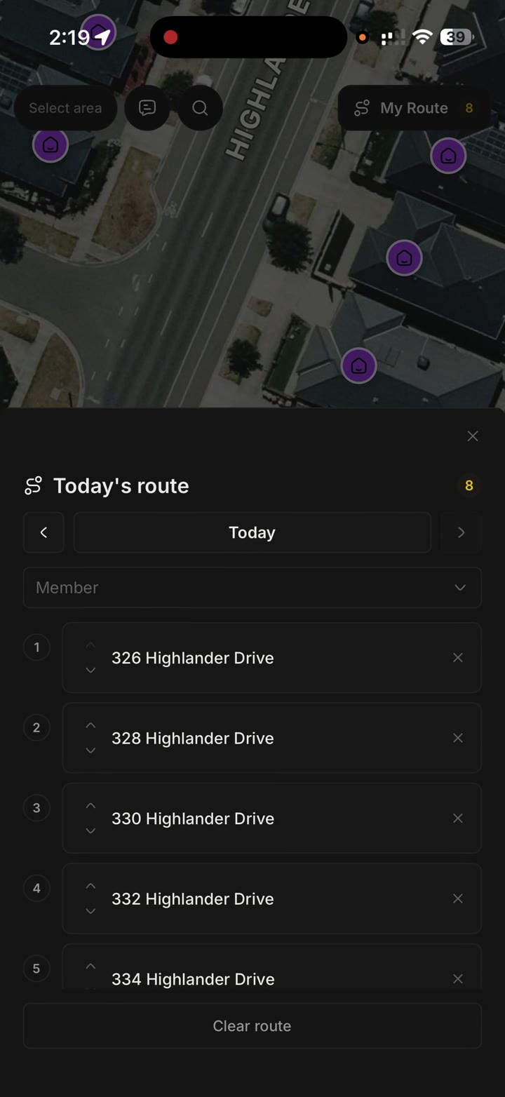 Today's route with the stops in order and Clear route
