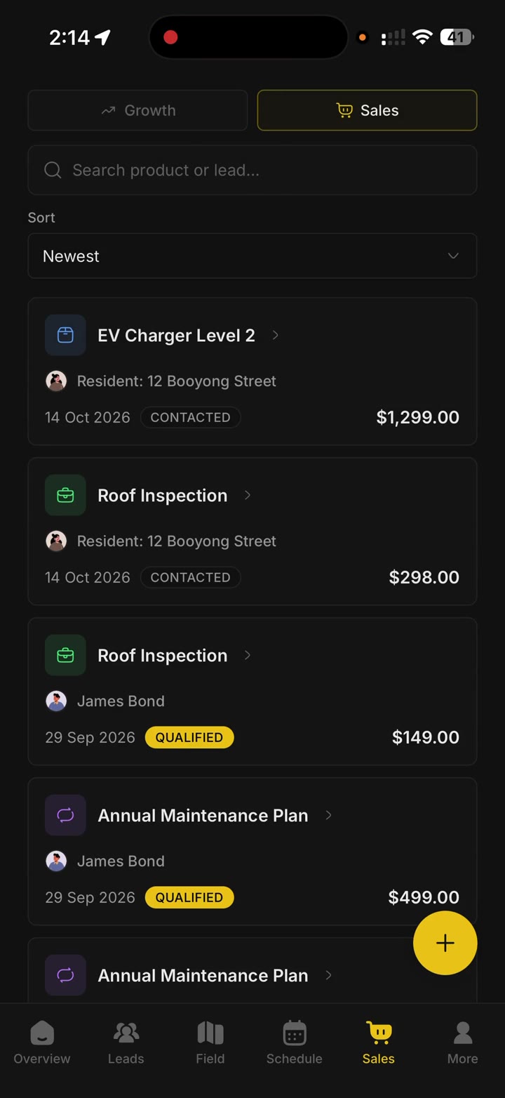 Sales list with a charger, inspections, and a maintenance plan